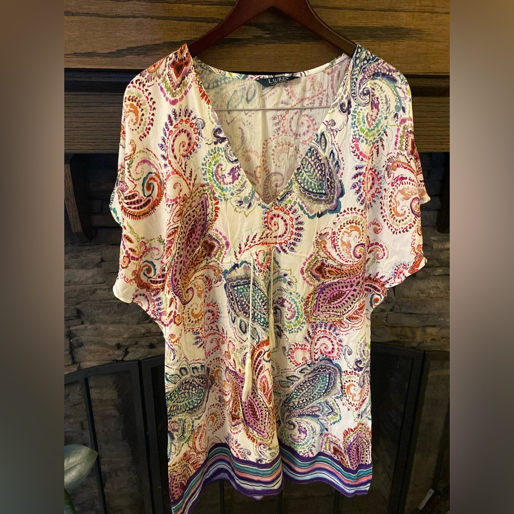 Lauren Ralph Lauren Women's White Print Crinkle Swim Cover-Up Dress Size Medium
